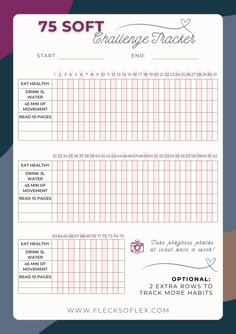 a printable exercise tracker is shown with the text,'75 soft challenge tracker '