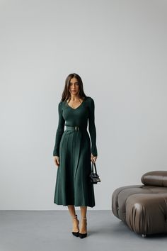 Belted comfy knitted winter dress in Emerald color. Green winter dress. Emerald green warm fall winter sweaterdress with pleated skirt. Material: 80% cotton 20% viscose Colors: Black, Emerald Green, Sage Green, Milky White, Beige Sizes:  XS-S- 115cm S-M-118cm M-L-121 cm L-XL-123 cm Model on the Photo: 173 cm-5.67 feet, S size PRODUCT CARE: - It is recommended to handwash 30oC. -twist carefully  -cotton knit fabric needs gentle care. FREE DELIVERY USA and CANADA. If you need our help in any question or concern, please reach out to us and we will help you out. Undine Muse Team. Winterized Dress, Winter Dressy Dress, Winter 2022 Dress, Kelly Green Winter Dress, Winter Dresses For Women 40, Winter Sheath Dress, Warm Midi Dress, Green Dress Accessories Winter, Soft Winter Dresses