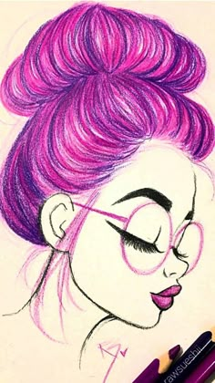 a drawing of a woman's face with purple hair and eyeglasses on