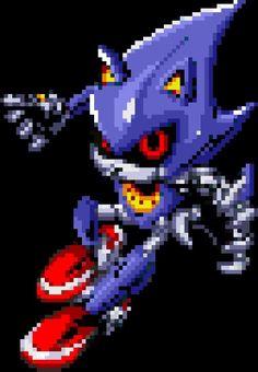 a pixel art image of sonic the hedgehog riding a bike with red shoes on