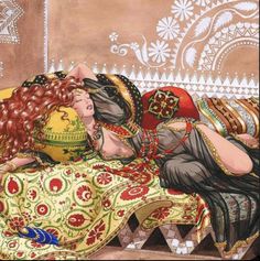 a painting of two women laying on top of a bed next to eachother