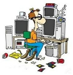 a cartoon man sitting in front of a computer desk with the words computer geek on it