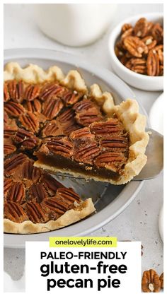 a pecan pie on a plate with the text pale friendly gluten - free pecan pie