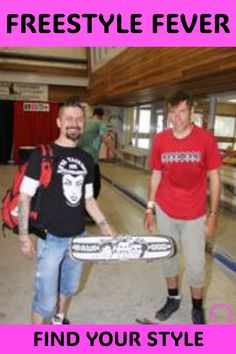 two young men holding skateboards in an indoor area with the words freestyle freestyle freestyle freestyle freestyle