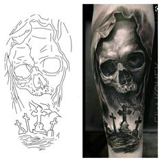 a black and white tattoo with a skull on the left side of the arm, and an image of a man's face