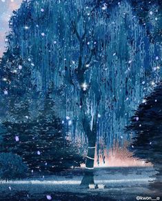 a painting of a tree with snow falling from it's branches in the background