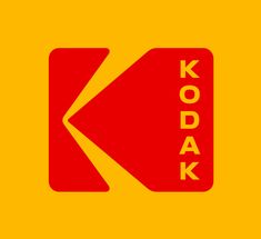 the kodak logo is shown on a yellow and red background with an arrow pointing to it