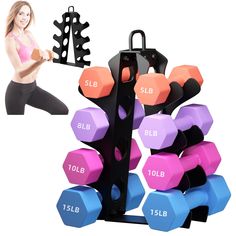 a woman is holding a rack with dumbs and exercise equipment in front of her