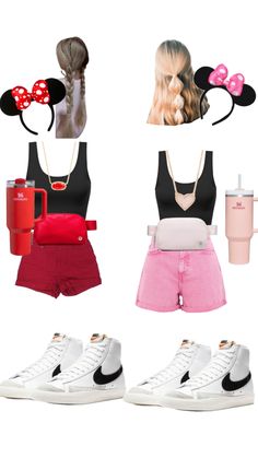 four different outfits with minnie mouse ears on top and one in pink shorts, the other black