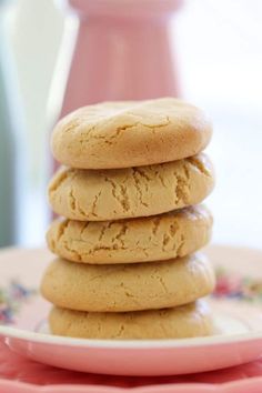 thermomix caramel cookies stacked on top of each other in front of a pink vase