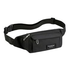 a black fanny belt bag with the word fashion on it's front and side zippers