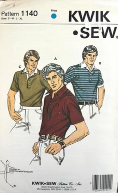 New uncut Kwik Sew pattern.  Some shelf wear on envelope due to age. Retro Graphic Print Polo Collar Tops, Men Sewing Patterns, Knit Shirt Pattern, Mens Shirt Pattern, 1970s Men, Kwik Sew Patterns, Shirt Sewing Pattern, Fashion Illustration Vintage, Kwik Sew