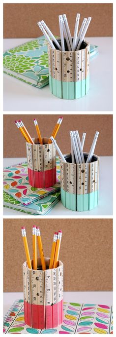 three different pictures of pencils and pens in cup holders on a table with papers