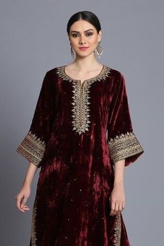 Wine red kurta with zardozi embroidery and sequin detail. Comes with embroidered sharara. - Aza Fashions Sharara For Women, Kurta With Sharara, Embroidered Sharara, Red Kurta, Zardozi Embroidery, Straight Kurta, Buy Wine, Silk Velvet, Wine Red