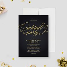 a black and gold cocktail party card with confetti on the table next to it