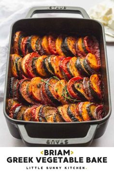 a close up of a pan filled with different types of vegetables and text that reads, bram greek vegetable bake