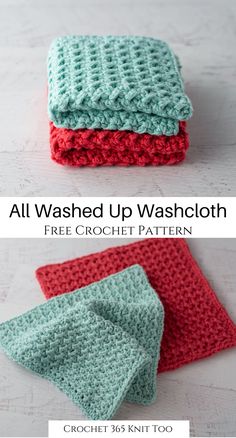 three crocheted dishcloths are shown with the text, all washed up washcloth free crochet pattern