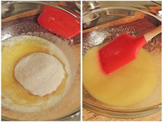 two pictures showing the process of mixing ingredients in a glass bowl with wooden spoons