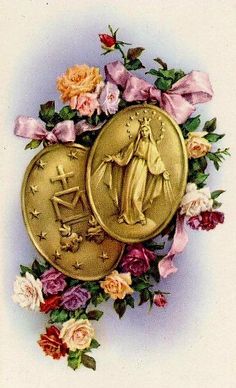 two gold coins with pink and yellow flowers around them on a white background, the one has an image of a man holding a baby