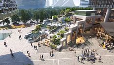 an artist's rendering of a city square with people walking around