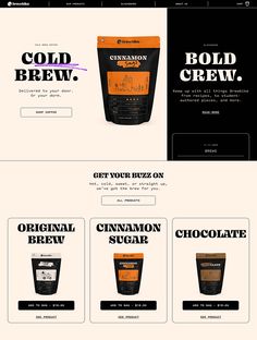 the website for cold brew company is displayed in black and orange colors, with an image of