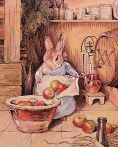 a painting of a rabbit sitting in front of a bowl of apples