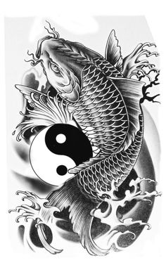 a black and white drawing of a fish with a yin - yang symbol on it