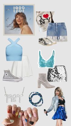 a collage of clothes and accessories including shoes, rings, bracelets, necklaces