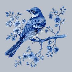 a blue bird sitting on top of a tree branch with white and blue flowers around it