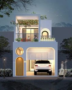 a white car is parked in front of a house with plants on the balconies