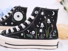 " Halloween Embroidered Converse Ghost Flower, Converse Embroidery Halloween, Custom Shoes Embroidered, Mushrooms Sneakers, Gift for Her LT "   CONVERSE ∙ EMBROIDERED ∙ HALLOWEEN SHOES * Material: High-quality premium cotton embroidery thread, colorfast * Dimensions: Tailored to your selected US shoe size * Finish: High-end embroidery ∙ Sharp threading ∙ Colorfast * All shoes are custom-made by hand with Love and Care in our workshop ♡ 🎁 UNIQUE POINTS 🎁 Includes 1 pair of socks Free custom nam Flower Converse, Embroidered Mushrooms, Embroidery Converse, Custom Converse Shoes, Converse Embroidery, Embroidered Converse, Converse High Top, Wedding Converse, Custom Converse