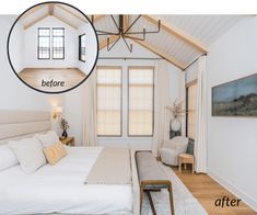 before and after photos of a bedroom with white walls, wood flooring and ceiling fan