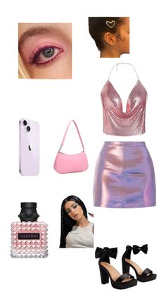 the contents of a pink and purple outfit including shoes, lipstick, perfume bottle, cell phone