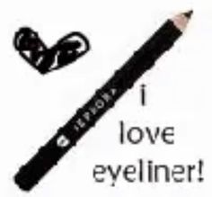 a black pencil with the words i love eyeliner on it next to a pair of scissors