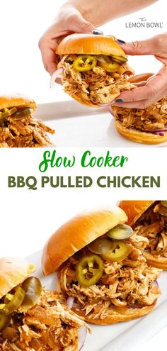 slow cooker pulled pork sandwiches with pickles and jalapenos on them