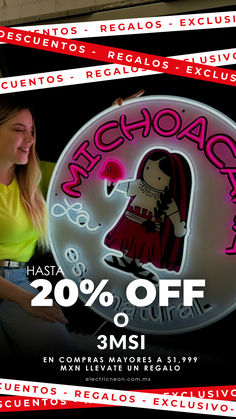 a woman sitting in front of a neon sign with the words 25 % off on it