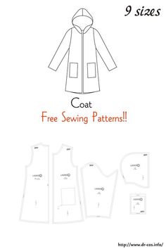 the front and back view of a coat sewing pattern with text that reads, free sewing patterns