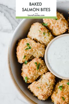 healthy baked salmon bites in a bowl with ranch dressing on the side and text overlay that says healthy baked salmon bites