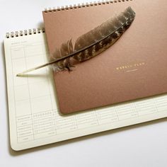 a notebook with a feather on top of it next to a spiral - bound planner