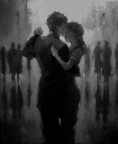 a painting of two people hugging in the rain