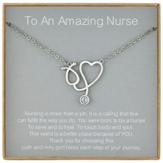 a necklace with a heart and a stethoscope on it that says to an amazing nurse