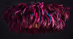 a purple and blue feather chandelier hanging from a black ceiling with dark background