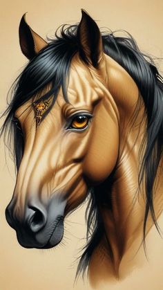 a painting of a brown horse's head with black manes and yellow eyes