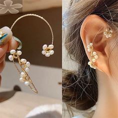 Dainty Flower Pearl Ear Wrap, Delicate Ear Wrap, Gold Pearl Flower Ear Cuff, No Piercing, Flower Vine Flower Ear Cuffs, Ear Wrap Earrings, Elf Ear Cuff, Flower Ear, Handmade Wire Jewelry, Diy Stuff, Pearl Flower, Fun Diy, Bijoux Diy