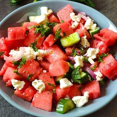 31 Refreshing Watermelon Recipes - Budgeting for Bliss Greek Salad Recipe, Greek Chickpeas, Vegetarian Salad Recipes, Greek Salad Recipes, Vegetarian Salads