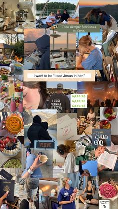 a collage of photos with people and food