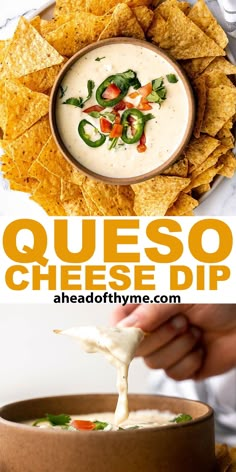 queso cheese dip with tortilla chips on the side