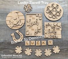 lucky themed trays and cut outs are shown on a wooden background with the words, luck