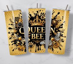 three bees and honeycombs with the words queen bee on them, hanging from hooks