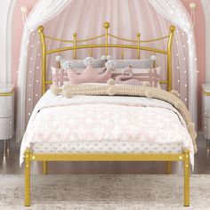 a pink and gold bedroom with white drapes, bedding, and pillows on it